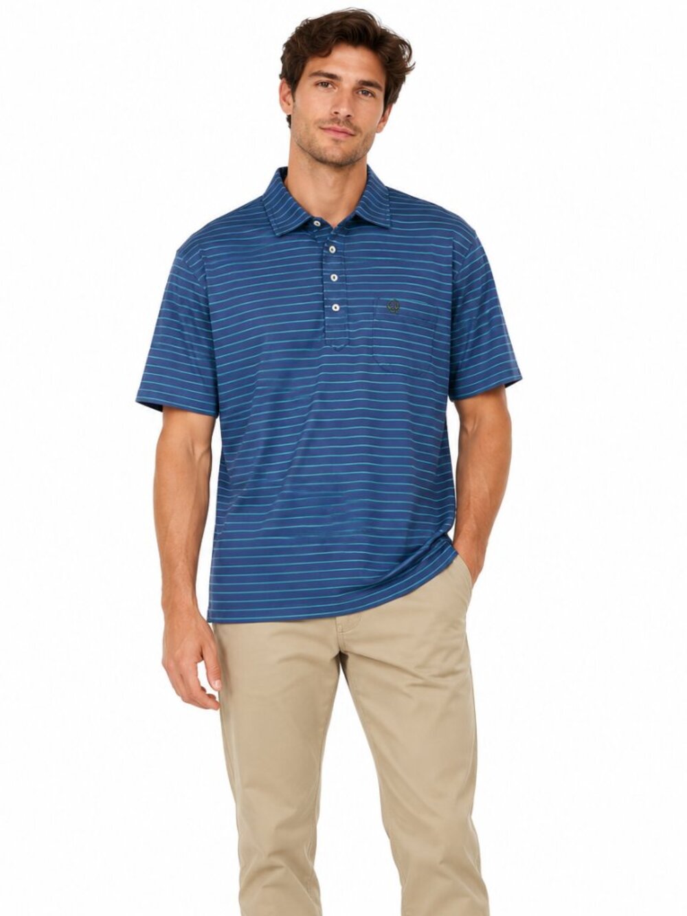 Master's Performance Polo Shirt Men's M Blue Striped Golf Stretch Embroidered